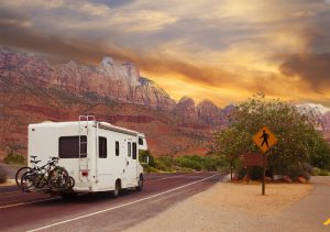 Motor home on the road, touring Utah, USA